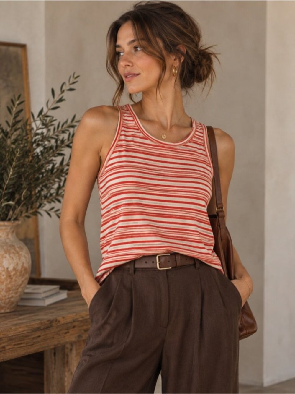 Cabi Striped Cotton Tank Top XS Red Cream Sleeveless Keyhole